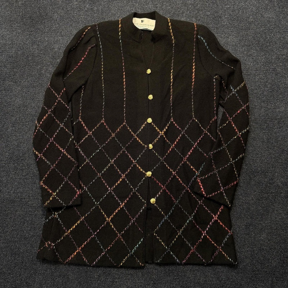 Vintage Steve Fabrikant Cardigan Sweater Womens Small Black Argyle Button Knit